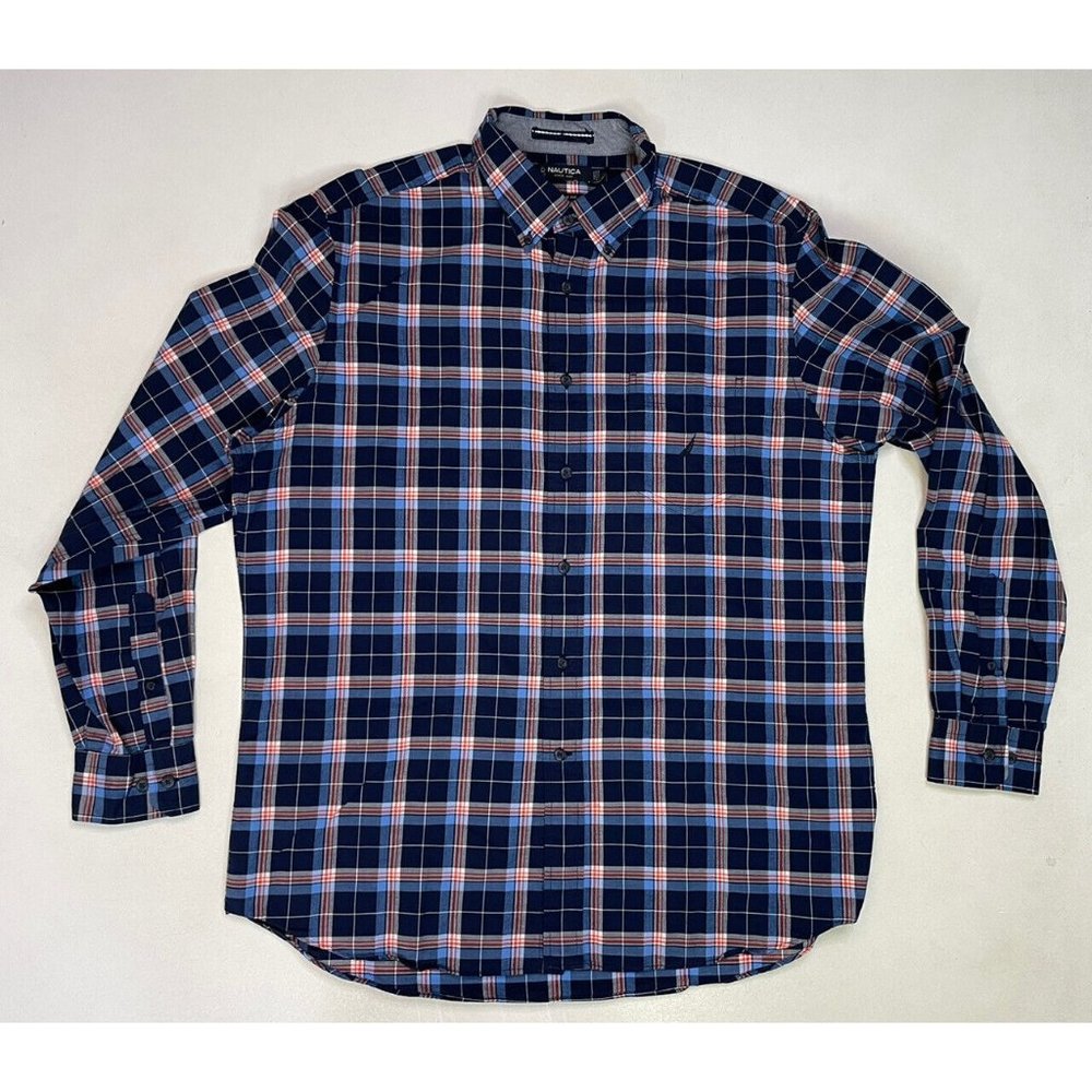 Nautica Plaid Button Up Shirt Men Classic Fit Adult Large Blue Long Sleeve